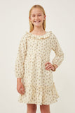 GY6320 Ivory Girls Textured Floral Print Ruffle Bibbed Dress Front