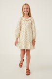 GY6320 Ivory Girls Textured Floral Print Ruffle Bibbed Dress Full Body