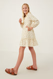 GY6320 Ivory Girls Textured Floral Print Ruffle Bibbed Dress Side