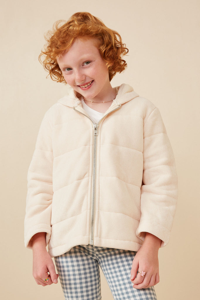 GY6329 Cream Girls Chenille Padded Hooded Jacket Front