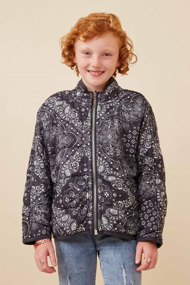 GY6333 BLACK Girls Bandana Printed Quilted Padded Jacket Front