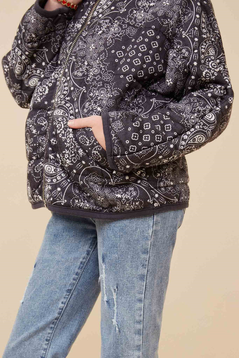 GY6333 BLACK Girls Bandana Printed Quilted Padded Jacket Detail