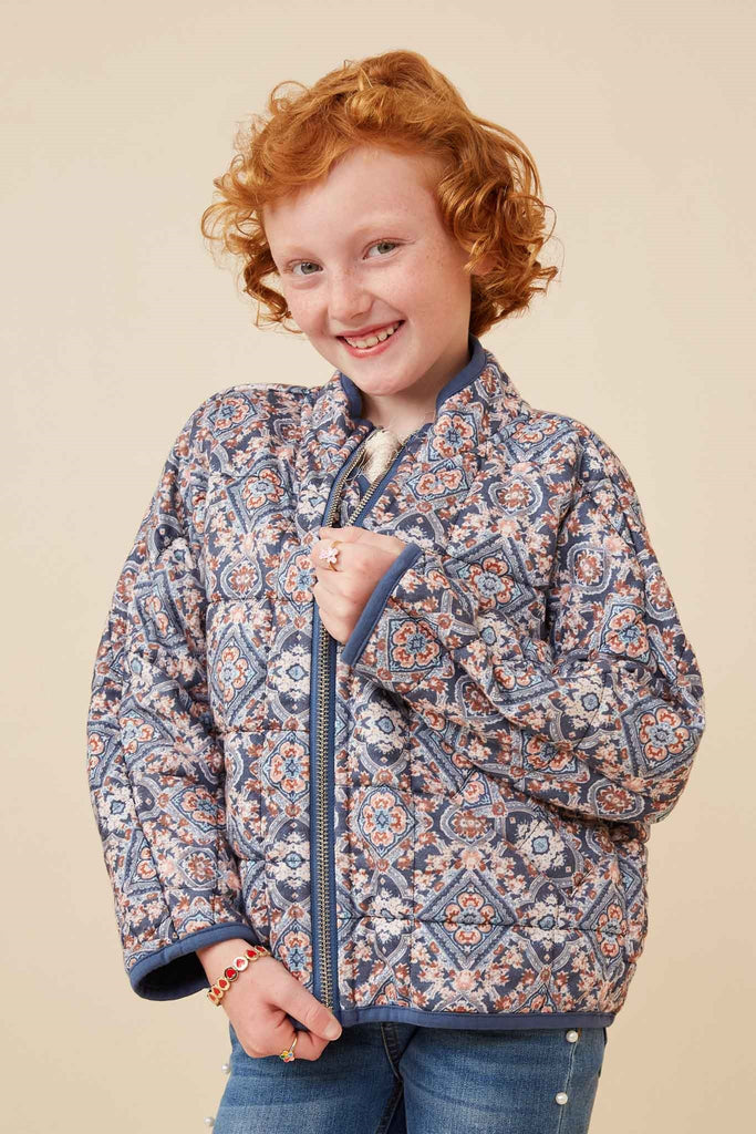 GY6334 BLUE Girls Antique Printed Quilted Padded Jacket Front