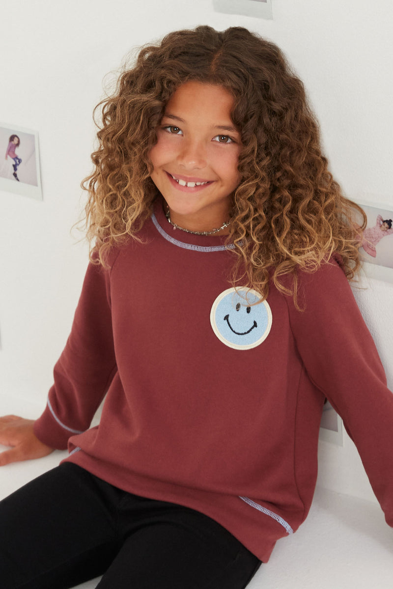 GY6339 Maroon Girls Contrast Stitch Smiley Patch French Terry Sweatshirt Front
