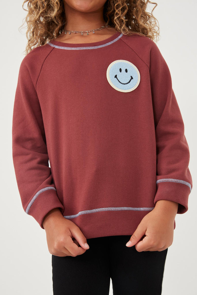 GY6339 Maroon Girls Contrast Stitch Smiley Patch French Terry Sweatshirt Detail
