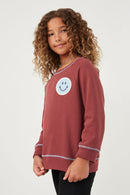 GY6339 Maroon Girls Contrast Stitch Smiley Patch French Terry Sweatshirt Side