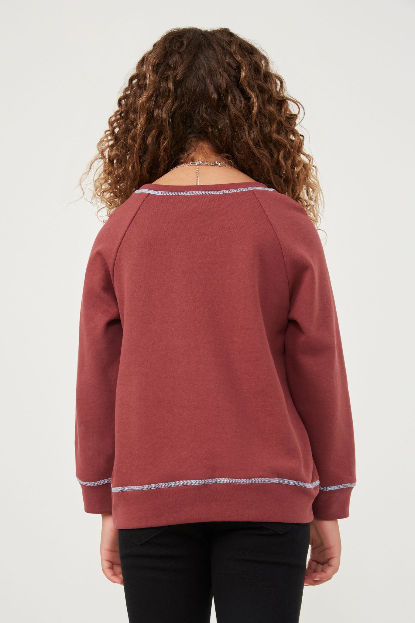 GY6339 Maroon Girls Contrast Stitch Smiley Patch French Terry Sweatshirt Back