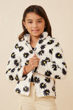 GY6341 Ivory Girls Floral Print Mock Neck Fleece Jacket Front