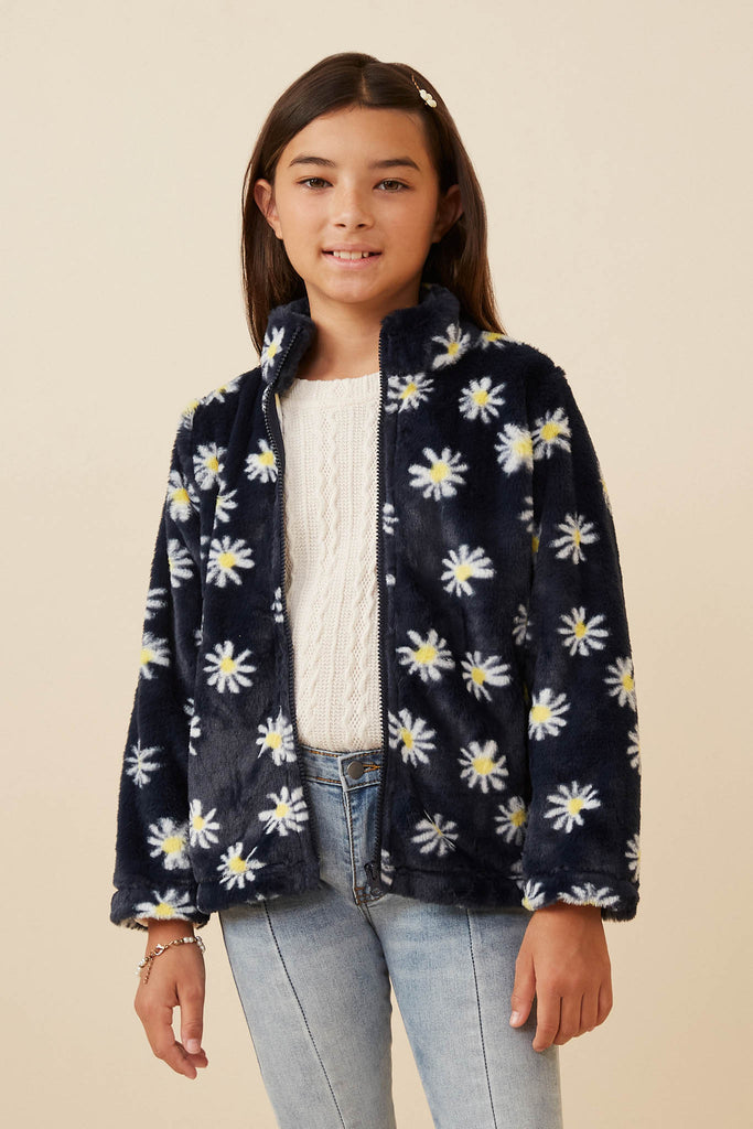 GY6341 Navy Girls Floral Print Mock Neck Fleece Jacket Front