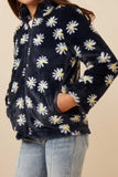 GY6341 Navy Girls Floral Print Mock Neck Fleece Jacket Side