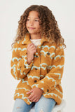 GY6343 Camel Girls Collared Check Pocket Stripe Print Sherpa Jacket Pose