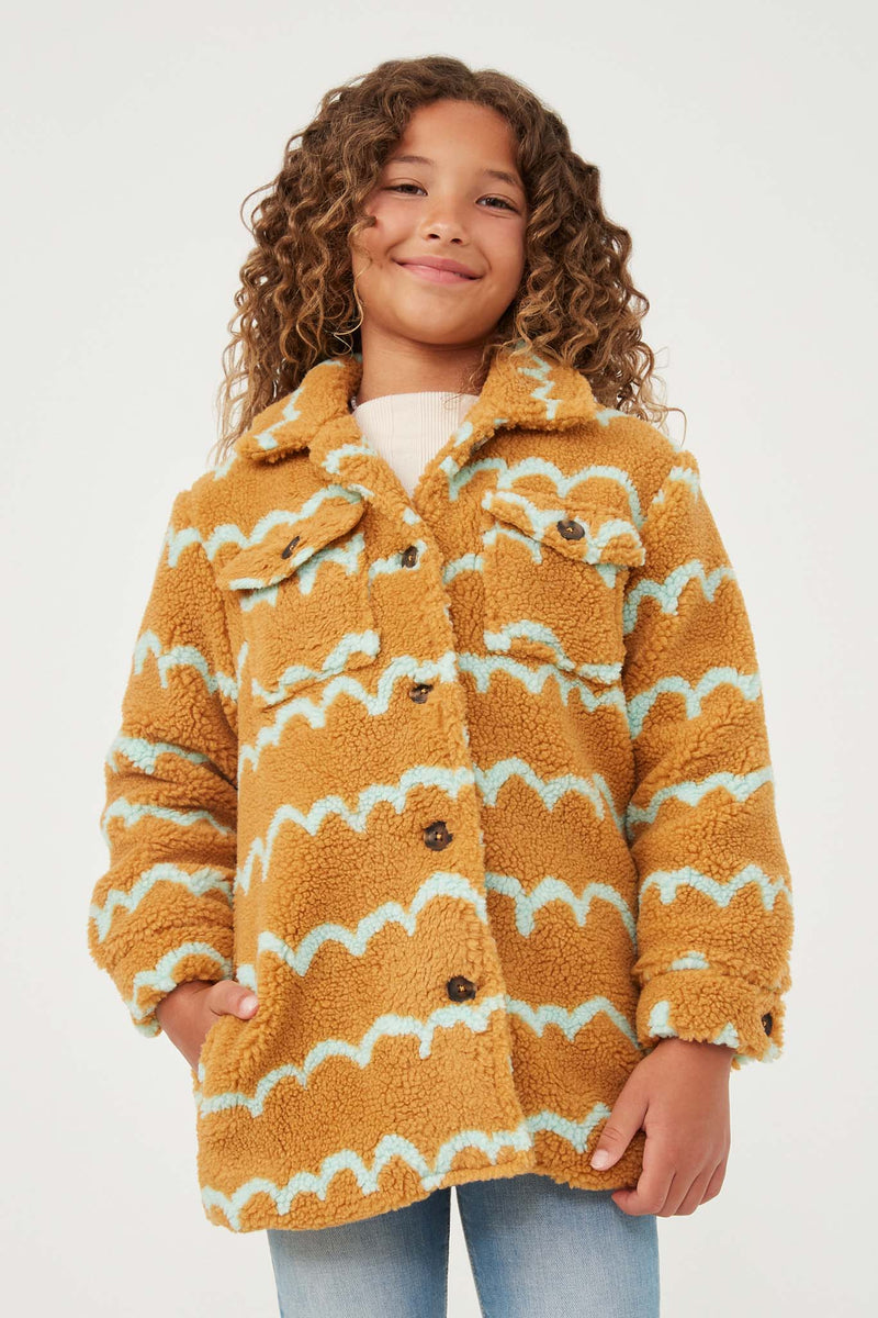 GY6343 Camel Girls Collared Check Pocket Stripe Print Sherpa Jacket Front