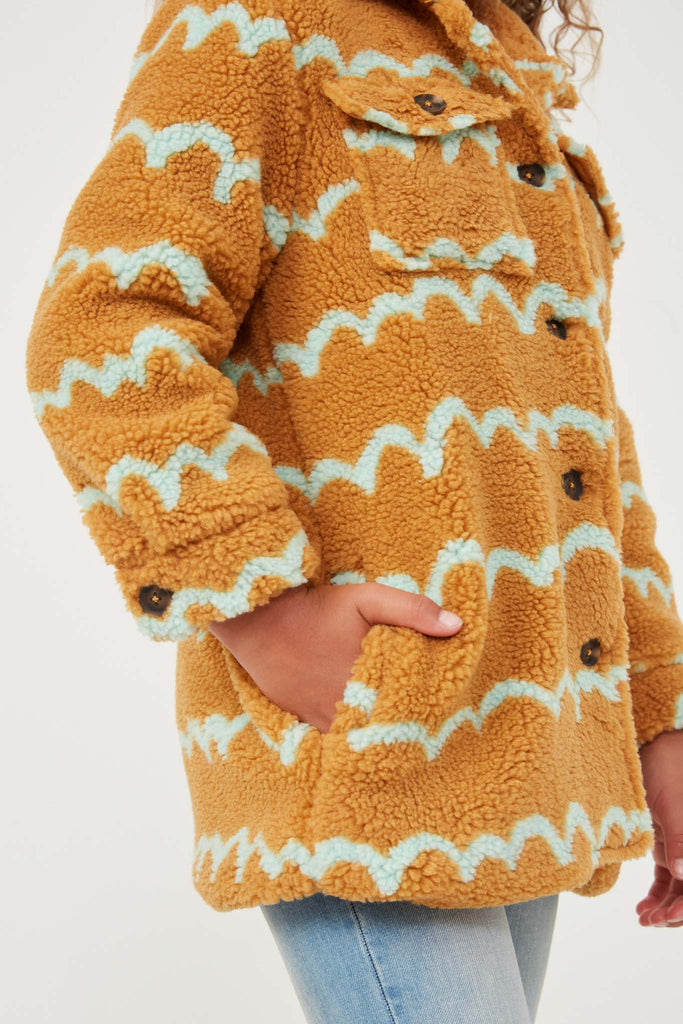 GY6343 Camel Girls Collared Check Pocket Stripe Print Sherpa Jacket Detail