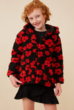GY6345 Black Girls All Over Floral Fleece Hooded Jacket Front