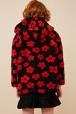 GY6345 Black Girls All Over Floral Fleece Hooded Jacket Back