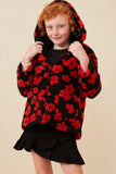 GY6345 Black Girls All Over Floral Fleece Hooded Jacket Pose