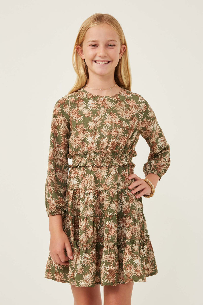 GY6348 Olive Girls Floral Print Ruffle Smocked Waist Long Sleeve Dress Front