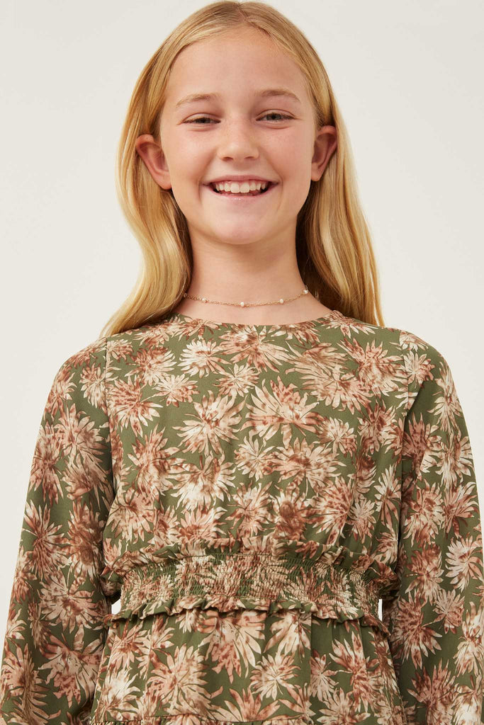 GY6348 Olive Girls Floral Print Ruffle Smocked Waist Long Sleeve Dress Detail