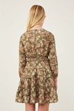 GY6348 Olive Girls Floral Print Ruffle Smocked Waist Long Sleeve Dress Back
