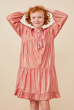 GY6375 PINK Girls Textured Iridescent Glow Tasseled Long Sleeve Dress Front