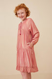 GY6375 PINK Girls Textured Iridescent Glow Tasseled Long Sleeve Dress Side