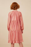 GY6375 PINK Girls Textured Iridescent Glow Tasseled Long Sleeve Dress Back