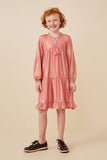 GY6375 PINK Girls Textured Iridescent Glow Tasseled Long Sleeve Dress Full Body