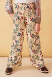 GY6398 Stone Girls Floral Print Smocked Elastic Waist Wide Leg Pants Front