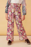 GY6398 Violet Girls Floral Print Smocked Elastic Waist Wide Leg Pants Front