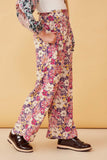 GY6398 Violet Girls Floral Print Smocked Elastic Waist Wide Leg Pants Side