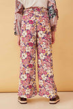 GY6398 Violet Girls Floral Print Smocked Elastic Waist Wide Leg Pants Back