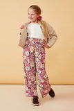 GY6398 Violet Girls Floral Print Smocked Elastic Waist Wide Leg Pants Full Body 2