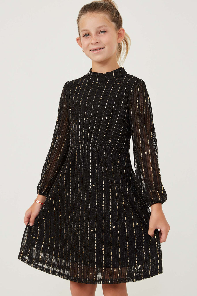 GY6409 Black Girls Foiled Star Striped Long Sleeve Dress Front