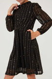 GY6409 Black Girls Foiled Star Striped Long Sleeve Dress Detail