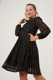 GY6409 Black Girls Foiled Star Striped Long Sleeve Dress Alternate Angle