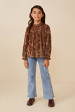 GY6423 CAMEL Girls Floral Velvet Cinched Cuff Long Sleeve Top Full Body
