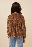 GY6423 CAMEL Girls Floral Velvet Cinched Cuff Long Sleeve Top Back