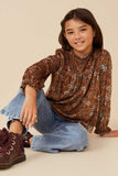 GY6423 CAMEL Girls Floral Velvet Cinched Cuff Long Sleeve Top Pose