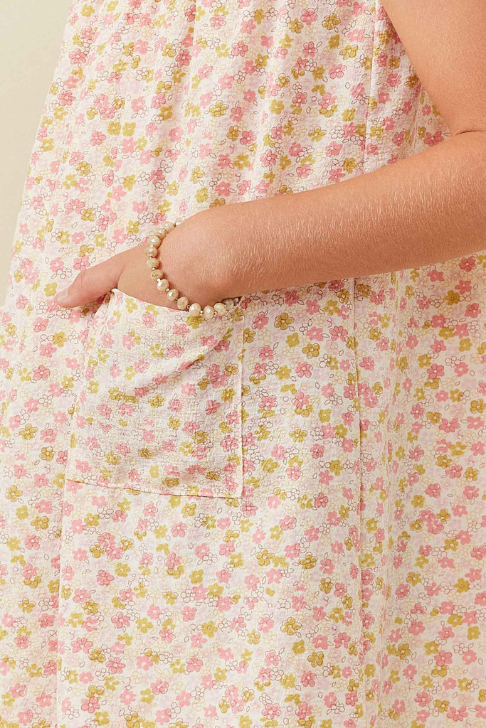 GY6433 PINK Girls Ruffled Flutter Sleeve Square Neck Pocket Dress Detail