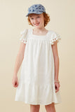 GY6462 Off White Girls Pompom Detailed Textured Ruffle Sleeve Dress Front