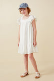 GY6462 Off White Girls Pompom Detailed Textured Ruffle Sleeve Dress Full Body