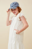 GY6462 Off White Girls Pompom Detailed Textured Ruffle Sleeve Dress Side