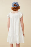 GY6462 Off White Girls Pompom Detailed Textured Ruffle Sleeve Dress Back