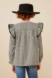 GY6482 Black Girls Checkered Lace Trim Ruffled Shoulder Top Back