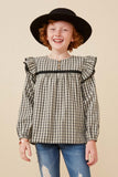 GY6482 Black Girls Checkered Lace Trim Ruffled Shoulder Top Front