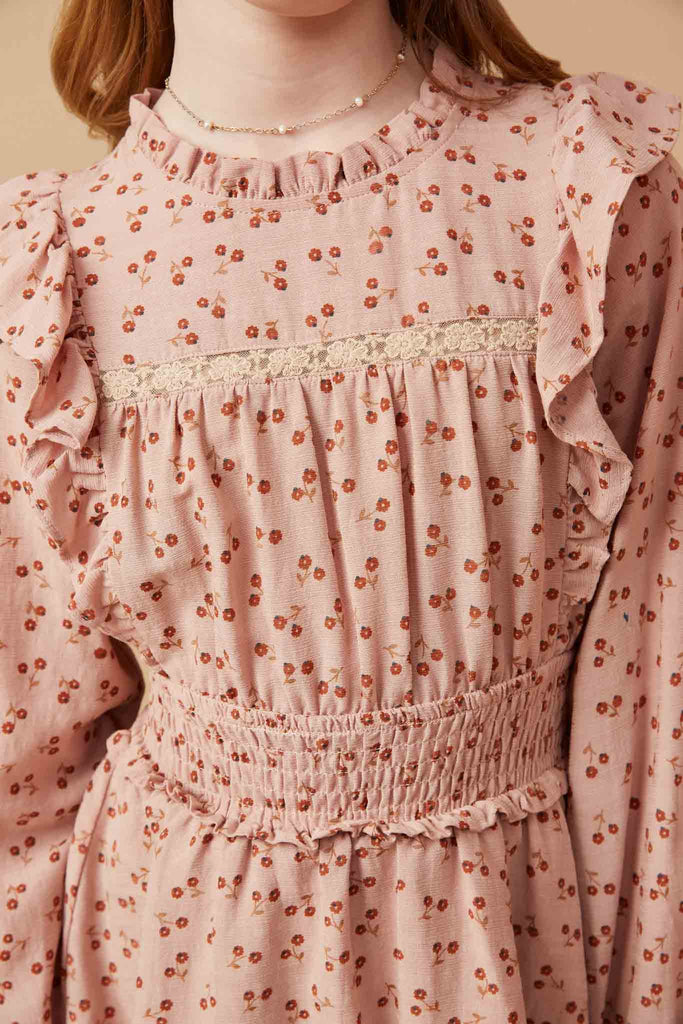 GY6483 MAUVE Girls Ruffle Detail Lace Trim Layered Dress Detail