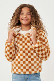 GY6531 Taupe Girls Checkered Half Zip Soft Fleece Hoodie Front