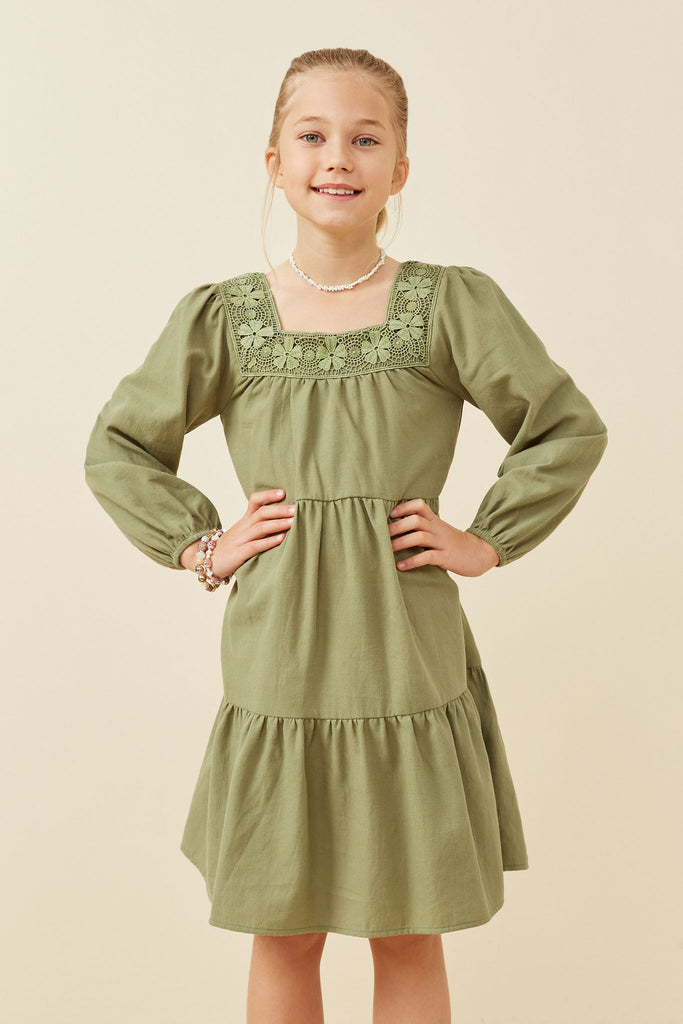 GY6532 Olive Girls Lace Trimmed Square Neck Tiered Dress Front