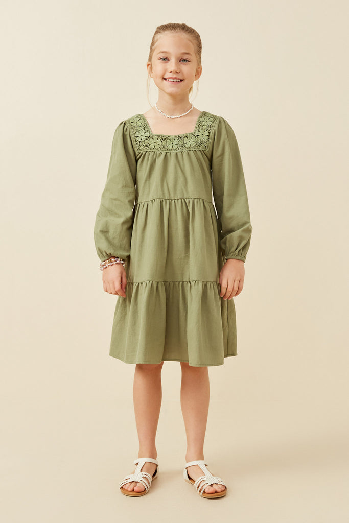 GY6532 Olive Girls Lace Trimmed Square Neck Tiered Dress Full Body