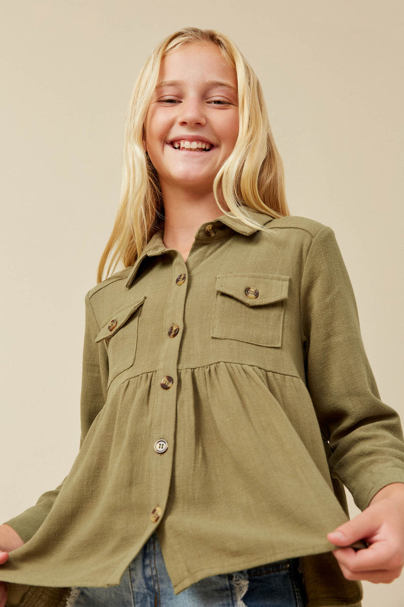 GY6540 Olive Girls Linen Blend Peplum Button Up Shirt Front